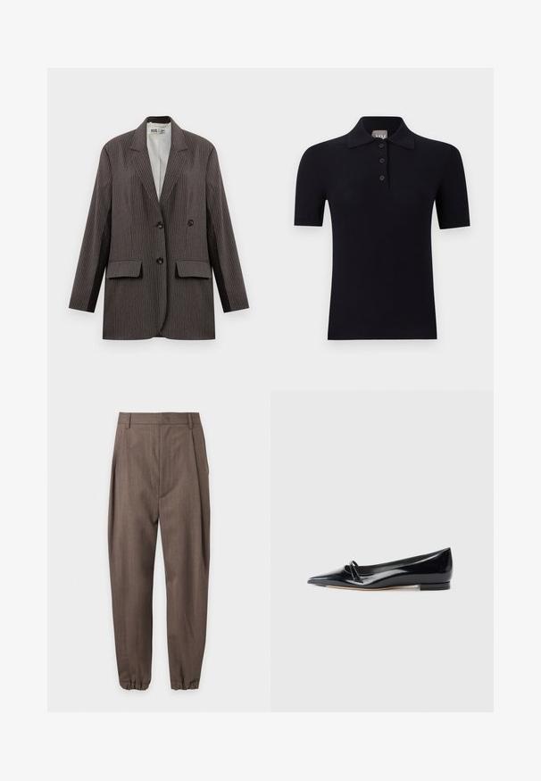 Mørkegrå streeped blazer med dobbeltknapning, to forlommer og notched lapeller, med sorte knapper.; Sort kortærmet polo-shirt med tre-knaps placket og krave, vist mod en ensfarvet lys baggrund.; Brune skræddersyede bukser med plisseringer, bæltestropper og elastiske manchetter, vist mod en hvid baggrund.; Sorte patentlæder flade sko med spids tå, lille dekorativ rem og lav blokhæl. Glat tekstur og strømlinet design.