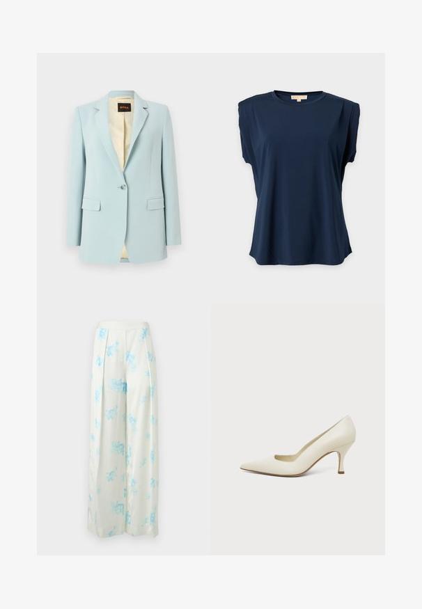 Blazer bleu clair à bouton unique avec revers crantés, poches à rabat et doublure intérieure beige à motif.; Haut sans manches bleu marine avec épaules rembourrées et encolure ronde sur un fond clair uni.; Pantalon blanc à jambes larges avec imprimé floral bleu clair, devant plissé, et taille haute sur fond uni.; Chaussure à talon haut en cuir couleur crème, à bout pointu et talon fin de hauteur moyenne, sur un fond clair uni.