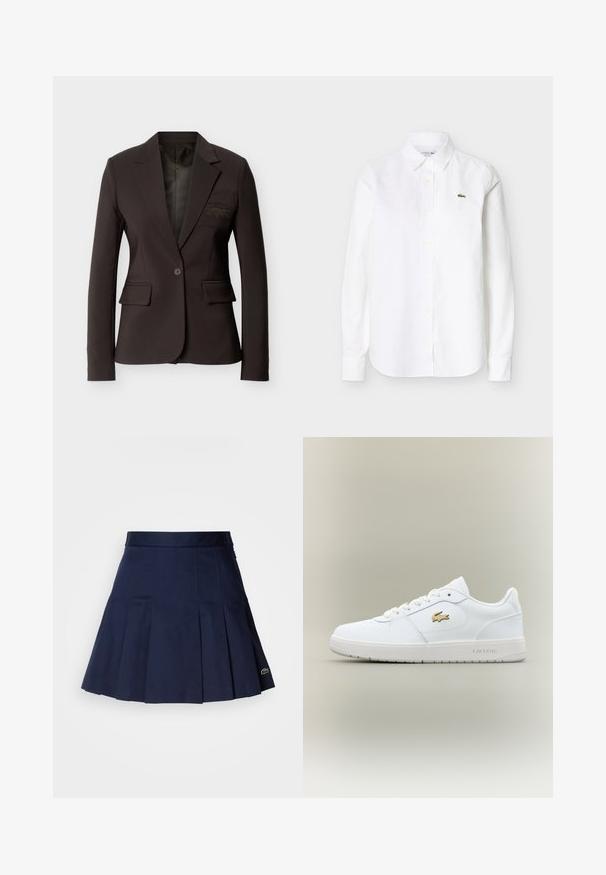 Blazer marron foncé à un bouton, cintré, avec revers crantés, poches à rabat et logo brodé discret sur la poche poitrine.; Chemise blanche à manches longues avec col et boutons, ornée d'un petit logo crocodile vert sur la poitrine gauche.; Jupe plissée bleu marine avec une taille ajustée, fabriquée à partir d'un tissu lisse. Présente un petit logo Lacoste sur l'ourlet.; Baskets en cuir blanc avec un design basse, bout arrondi, fermeture à lacets et un accent du logo doré Lacoste sur le côté.