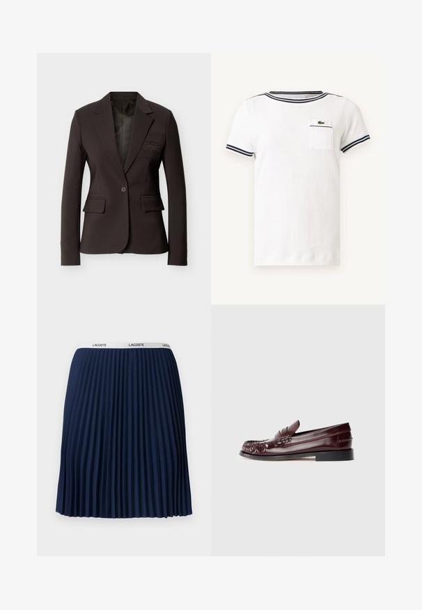 Blazer marron foncé à un bouton, cintré, avec revers crantés, poches à rabat et logo brodé discret sur la poche poitrine.; Chemise en maille blanche à manches courtes avec bordure rayée marine au col et aux manches, avec une petite poche poitrine arborant un logo crocodile vert.; Jupe plissée navy avec un design texturé, taille élastique ornée du logo "LACOSTE" et tissu lisse.; Mocassin penny en cuir bordeaux avec semelle noire et détail en métal doré sur le dessus, présenté en vue latérale sur fond blanc.