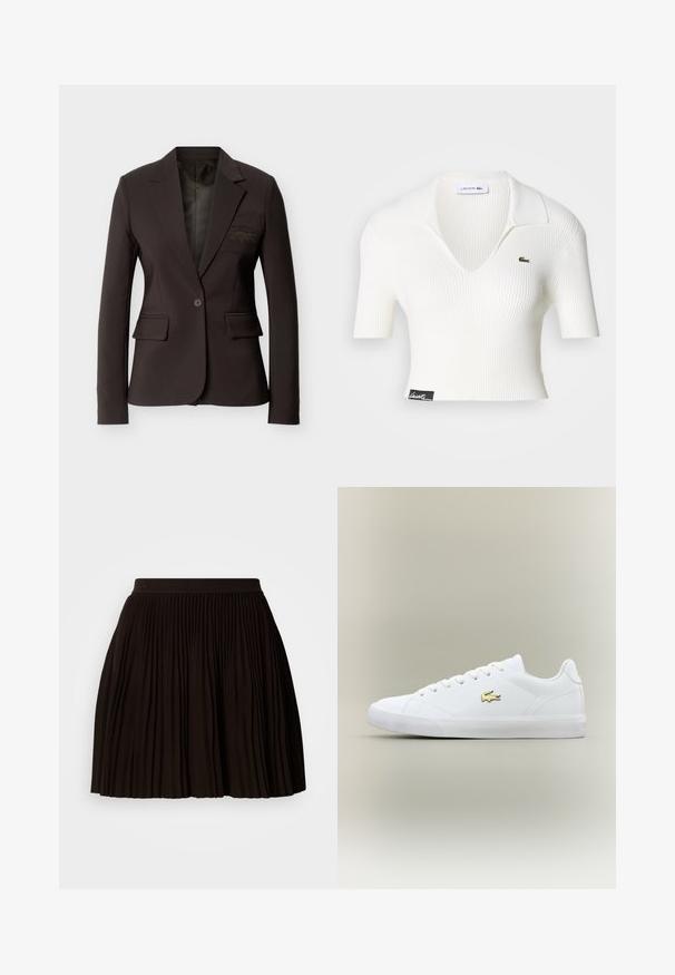 Blazer marron foncé à un bouton, cintré, avec revers crantés, poches à rabat et logo brodé discret sur la poche poitrine.; Polo shirt cropped blanc côtelé avec un col en V, des manches courtes et un logo crocodile Lacoste vert sur la poitrine gauche. Étiquette noire à l'ourlet.; Jupe plissée noire avec une surface texturée, dotée d'une large ceinture élastique. Le design présente des plis verticaux pour un look structuré.; Baskets blanches en cuir lisse avec un embout arrondi, des lacets plats et un petit logo doré. Présente une semelle en caoutchouc texturée et un design sobre.