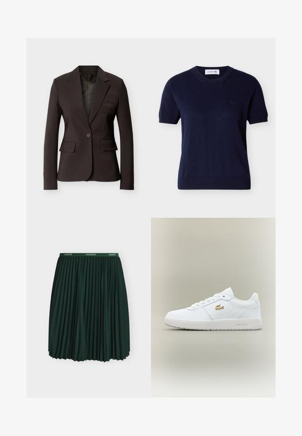 Blazer marron foncé à un bouton, cintré, avec revers crantés, poches à rabat et logo brodé discret sur la poche poitrine.; Haut tricoté à manches courtes bleu marine avec encolure ronde, ourlets côtelés et petit logo Lacoste brodé sur le côté gauche de la poitrine.; Jupe plissée vert foncé avec une ceinture élastique comportant des logos blancs Lacoste, présentée sur un fond clair uni.; Baskets en cuir blanc avec un design basse, bout arrondi, fermeture à lacets et un accent du logo doré Lacoste sur le côté.