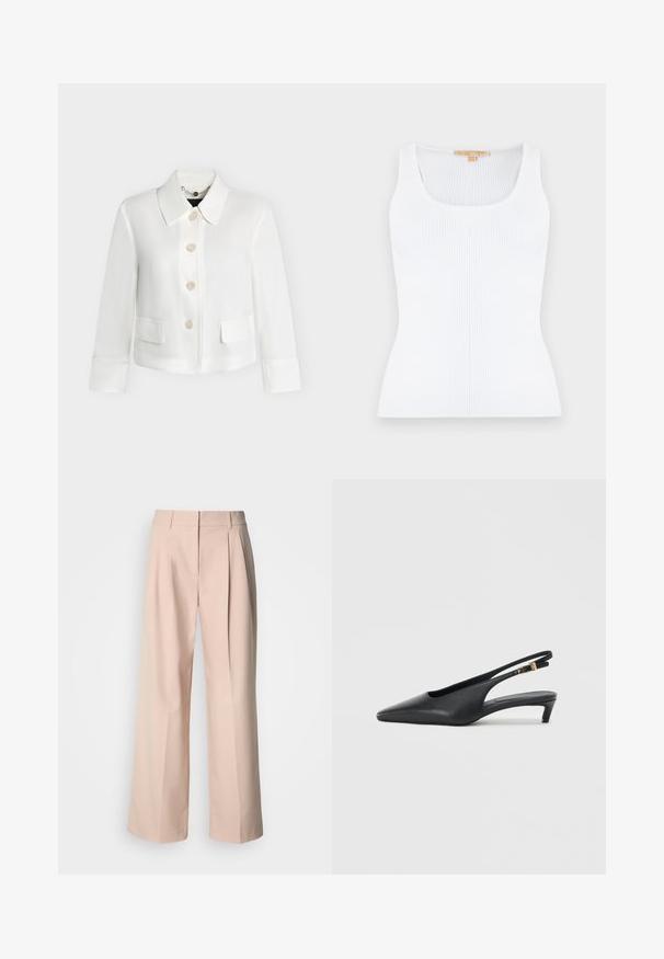 Veste blanche courte avec large col, quatre boutons devant, poches à rabat et manches longues sur fond uni.; Débardeur blanc en maille côtelée sans manches, doté d'un col en U et d'une silhouette ajustée.; Pantalon à jambes larges en tissu rose clair, avec plis avant, taille haute et texture lisse. Design simple sans motifs visibles.; Des escarpins à talon ouvert noirs avec un bout pointu, une texture en cuir lisse, un petit talon aiguille, et une sangle avec un accent de boucle en métal.