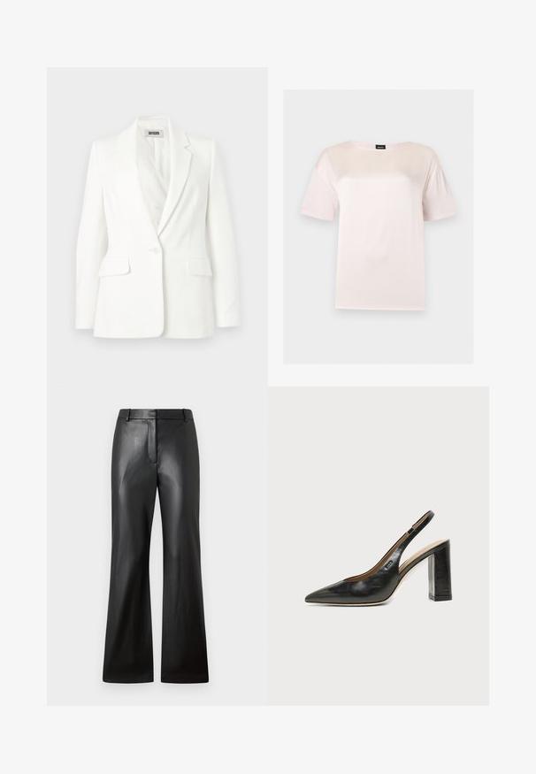 Blazer blanc à un bouton, avec revers crantés, manches longues et deux poches à rabat à l'avant, étiqueté Drykorn.; T-shirt en coton rose clair à manches courtes avec un col rond et une étiquette noire de la marque BOSS à l'intérieur du col.; Pantalons en cuir noir avec une texture lisse, design à jambes larges et une taille mi-haute dotée de passants de ceinture et de poches avant.; Chaussure slingback en cuir noir à bout pointu avec un talon bloc haut et une doublure intérieure beige sur un fond clair uni.