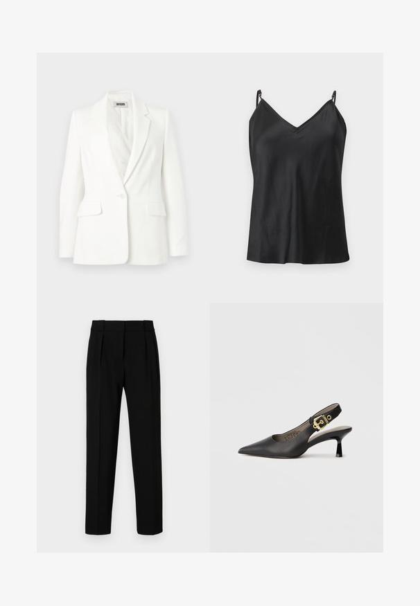 Blazer blanc à un bouton, avec revers crantés, manches longues et deux poches à rabat à l'avant, étiqueté Drykorn.; Haut caraco en satin noir avec bretelles fines réglables et encolure en V, présenté sur un fond gris clair.; Pantalons noirs ajustés avec une coupe droite, devant plissé, tissu brillant et taille moyenne. Pas de poches visibles ni de détails métalliques.; Chaussure à talon haut noire à bride arrière, avec un bout pointu, une texture en cuir lisse et une accent de boucle dorée sur la bride.