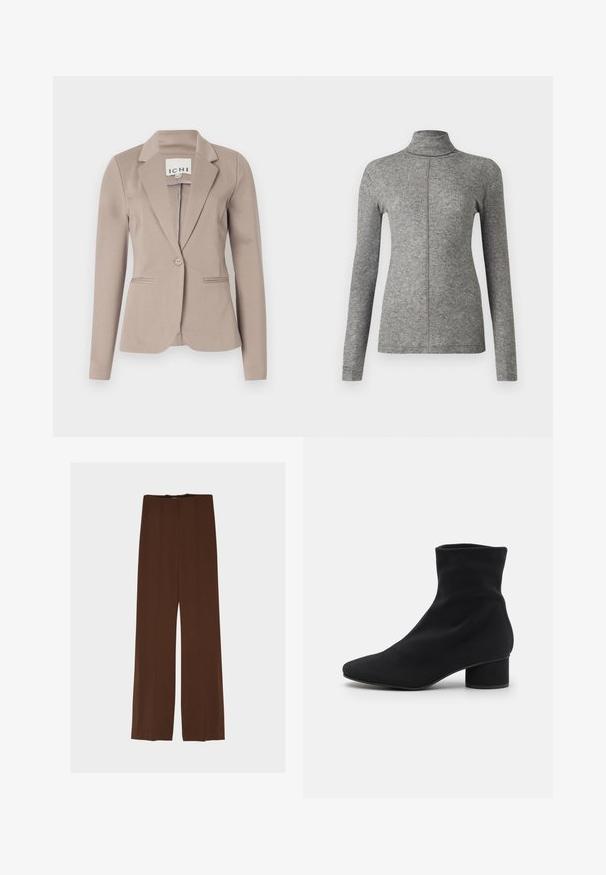 Blazer beige ajusté avec un seul bouton, des revers crantés et deux poches avant. Fabriqué dans un tissu lisse de poids moyen.; Pull à col roulé gris à manches longues, confectionné en tissu doux et texturé. Présente une couture sur le devant et une silhouette ajustée. Aucun motif ni accent présent.; Pantalon large marron à la texture lisse, avec deux plis à l'avant et des fentes en bas, mettant en valeur le design global.; Bottine noire avec une tige en tissu doux, embout effilé et un talon cylindrique de 5 cm. Texture lisse, design minimaliste.