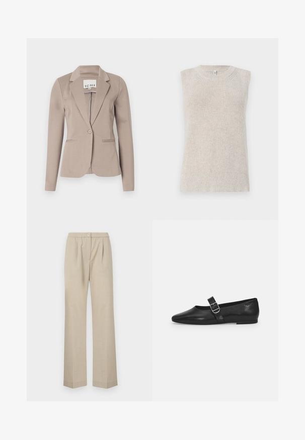 Beige taillierter Blazer mit einem Knopf, Reverskragen und zwei vorderen Taschen. Hergestellt aus glattem Stoff mit mittlerem Gewicht.; Helles beiges ärmelloses Stricktop mit geripptem Muster, runder Halslinie und gestrickten Details an den Schultern und dem Saum.; Helle beigefarbene Hose mit geradem Bein, elastischem Bund und einem einzelnen vorderen Knopfdetail. Hergestellt aus einem strukturierten Stoff.; Schwarzer Lederflatschuh mit runder Zehenform, einem verstellbaren Schnallenriemen und einer glatten, glänzenden Oberfläche. Minimalistisches Design mit einem niedrigen Absatz.