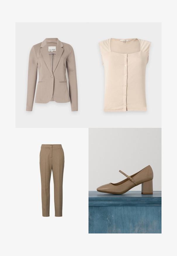 Beige op maat gemaakte blazer met een enkele knoop, notch-revers en twee voorzakken. Gemaakt van gladde stof met een gemiddelde gewicht.; Beige mouwloze top met een vierkante halslijn en een sluiting met knopen aan de voorkant, gemaakt van zachte, lichte stof.; Lichtbruine, op maat gemaakte, slim-fit broek met een vlakke voorkant, rechte pijpen en een verborgen voorsluiting, afgebeeld op een witte achtergrond.; Beige leren pump met blokhak, ronde neus en een decoratieve band met een gouden gespsluiting. Gladde textuur, minimalistisch ontwerp.