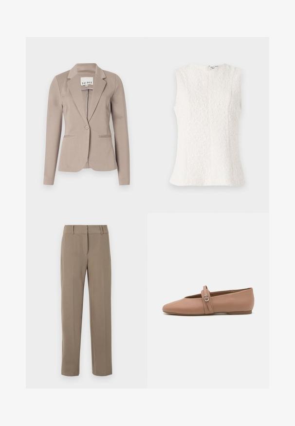 Beige skræddersyet blazer med en enkelt knap, spids flip og to forlommer. Fremstillet af glat stof med medium vægt.; Hvid ærmeløs top lavet af struktureret stof med blomstermønster; har en lynlås i ryggen og en let udvidet kant.; Klassiske kaki bukser med lige ben, bæltestropper og lynlås foran på hvid baggrund.; Lyserøde læder flade sko med spids tå og en dekorativ rem med en sølvspænde. Glat tekstur, minimalistisk design.