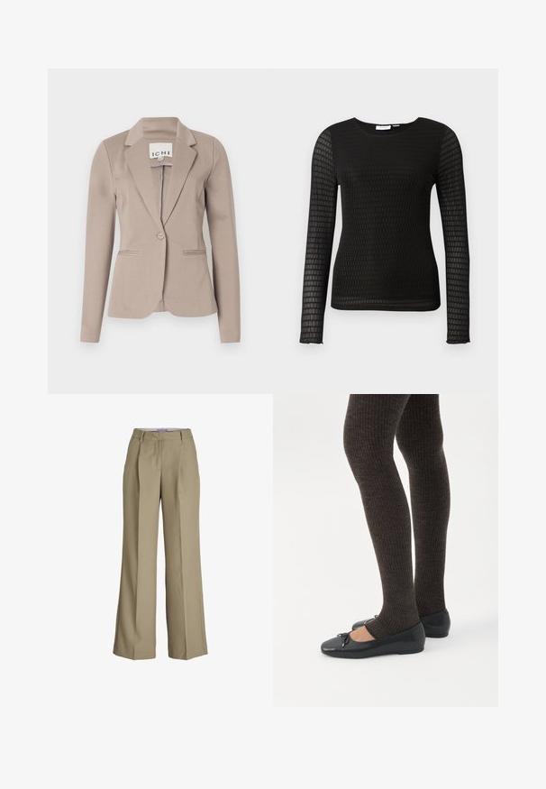Beige taillierter Blazer mit einem Knopf, Reverskragen und zwei vorderen Taschen. Hergestellt aus glattem Stoff mit mittlerem Gewicht.; Schwarzes Langarmoberteil aus strukturiertem Stoff mit einem Karomuster. Verfügt über einen runden Ausschnitt und eine taillierte Silhouette.; Beige weit geschnittene Hose mit hoher Taille, Bundfalten und einer glatten Stoffstruktur. Klassisches Design mit maßgeschneiderter Verarbeitung.; Beine in dunklen, gerippten Leggings kombiniert mit schwarzen Ballerinas mit kleinen Schleifendetails auf weißem Hintergrund.