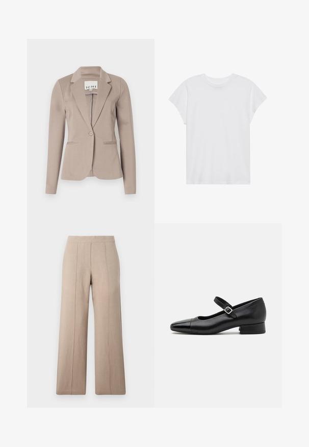 Blazer beige ajusté avec un seul bouton, des revers crantés et deux poches avant. Fabriqué dans un tissu lisse de poids moyen.; T-shirt blanc à manches courtes, col rond, coupe décontractée, en tissu de coton doux. Texture lisse, sans motifs ni logos.; Pantalons larges beige en tissu léger, avec des plis à l'avant, une ceinture lisse et une coupe droite aux ourlets nets.; Chaussures Mary Jane en cuir noir avec un embout en vernis, une sangle cheville réglable et un petit talon carré. Texture lisse et design élégant.
