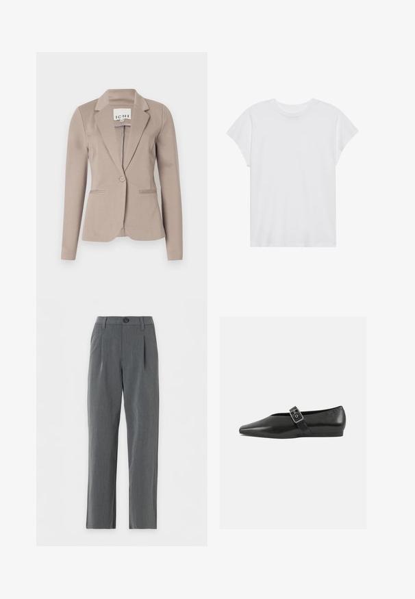 Beige skræddersyet blazer med en enkelt knap, spids flip og to forlommer. Fremstillet af glat stof med medium vægt.; Hvid kortærmet t-shirt med rund hals, afslappet pasform, lavet af blødt bomuldsstof. Glat tekstur, ingen mønstre eller logoer.; Grå bukser med lige snit, bæltestropper, frontknaplukning og plisseringer nær taljen på hvid baggrund.; Sorte læder flade sko med spidse tæer, prydet med en metallisk spænde over vristen og en lav, fleksibel sål.