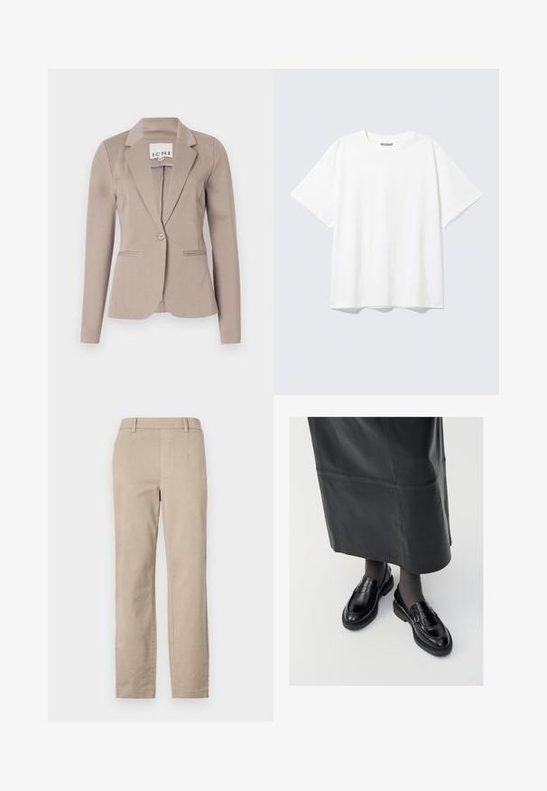 Blazer beige ajusté avec un seul bouton, des revers crantés et deux poches avant. Fabriqué dans un tissu lisse de poids moyen.; T-shirt blanc à manches courtes, col rond, coupe décontractée et étiquette "WEEKDAY" à l’intérieur du dos du col.; Pantalon en coton beige à jambe droite, doté de passants de ceinture et sans embellissements ni motifs visibles.; Mocassins en cuir noir avec une finition lisse, ornés d'une bande décorative, à bout rond et avec une semelle texturée. Portés avec une longue jupe en cuir noir.