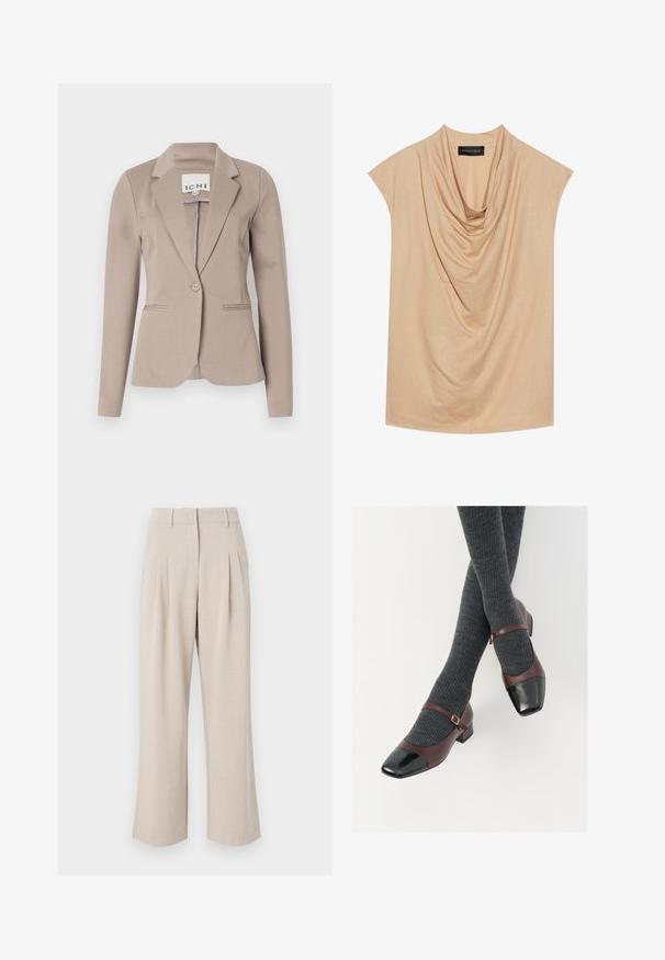 Beige op maat gemaakte blazer met een enkele knoop, notch-revers en twee voorzakken. Gemaakt van gladde stof met een gemiddelde gewicht.; Beige draped top van zachte stof, met korte mouwen en een cowl halslijn. Gladde textuur met subtiele plooien overal.; Beige wijde pantalon met een hoge taille, voorzien van plooien aan de voorkant, een gladde textuur en een gestructureerd ontwerp. Geen zichtbare zakken of versieringen.; Bordeaux leren Mary Jane-schoenen met een zwarte laktoecap en dunne enkelband; gedragen met donkergrijze geribde sokken. Lage blokhak.