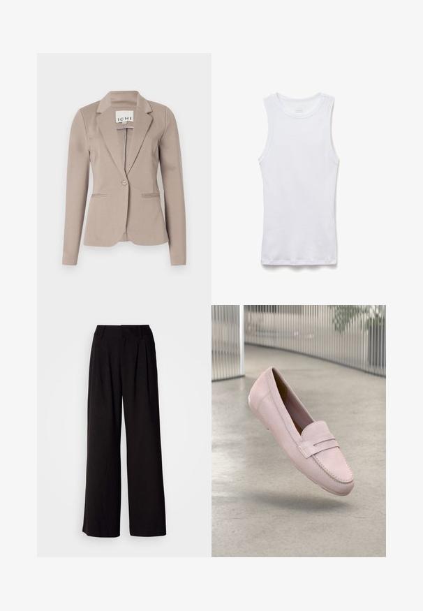 Beige op maat gemaakte blazer met een enkele knoop, notch-revers en twee voorzakken. Gemaakt van gladde stof met een gemiddelde gewicht.; Witte geribde mouwloze tanktop met ronde hals, plat neergelegd op een witte achtergrond.; Zwarte wijde broek van soepel stof, met plooien aan de voorkant, een aansluitende tailleband en zonder zichtbare patronen of accenten.; Lichtroze moccasin met een suede textuur, voorzien van een gestikt detail en een enkele band over de wreef. Vlakke zoolontwerp.