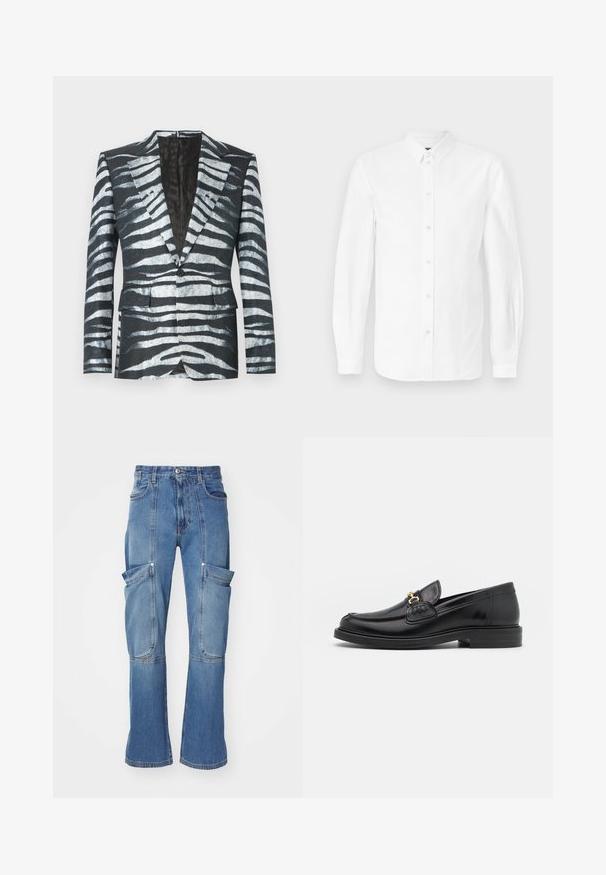 Sort blazer med zebrastribemønster i hvid og grå, enkelt knaplukning, to frontlommer og en kontrasterende inderfor.; Hvid langærmet skjorte i bomuld med knappet krave og knapper foran. Glat tekstur med klassisk snit og uden mønstre.; Denim cargo bukser i lyseblå med høj talje, flere sidelommer og vide ben, med kontraststing og lynlås lukning.; Sorte læder loafers med en rund tå, der har guld hardware accent og syningsdetaljer, placeret på en lav, tekstureret gummisål.