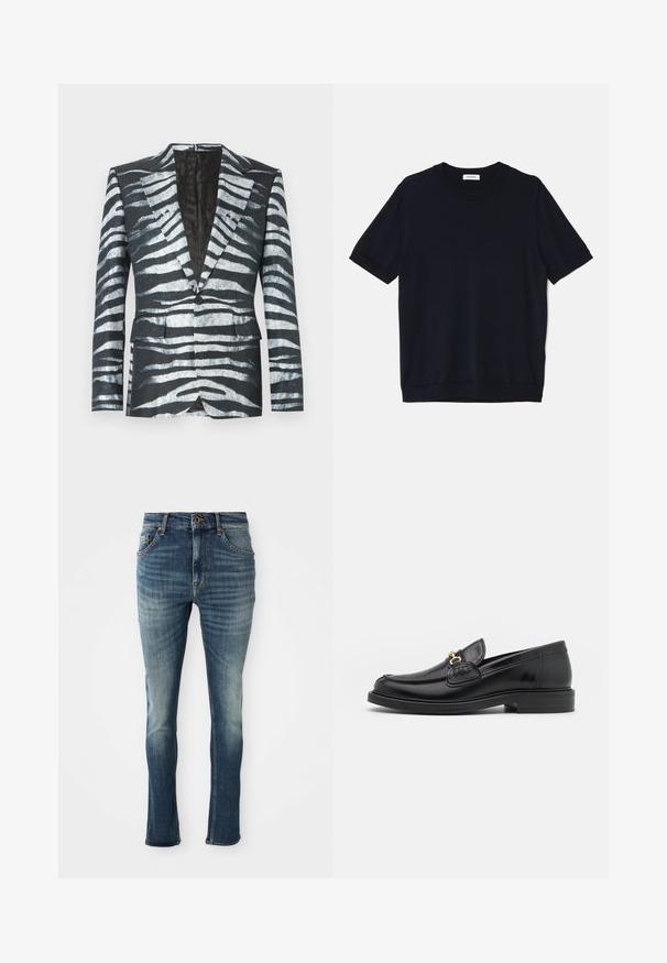 Sort blazer med zebrastribemønster i hvid og grå, enkelt knaplukning, to frontlommer og en kontrasterende inderfor.; sandro PABLO TEE - T-shirts basic - noir; Mørkeblå denimjeans med lys afblegning, lige ben-design, fem lommer og kontrastsyet. Messingknap og lynlås-lukning.; Sorte læder loafers med en rund tå, der har guld hardware accent og syningsdetaljer, placeret på en lav, tekstureret gummisål.