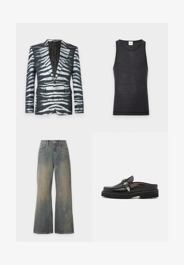 Sort blazer med zebrastribemønster i hvid og grå, enkelt knaplukning, to frontlommer og en kontrasterende inderfor.; Sort ærmeløs tanktop lavet af let materiale, med en rund halsudskæring og en subtil tekstur, samt en kontrastdetalje i kanten.; Vidde, falmede blå jeans med forlommer og bæltestropper, vist mod en ensfarvet lys baggrund.; Sorte læder slip-on loafers med sølv hardware detaljer, rund tå, tyk sort gummisål med mønster, og syede detaljer langs kanterne.
