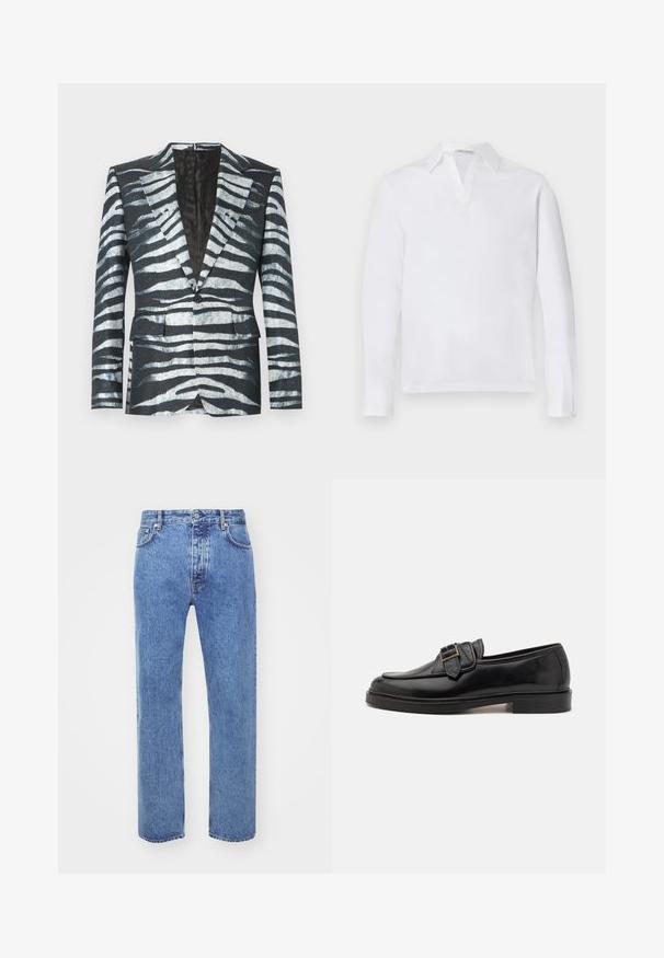 Sort blazer med zebrastribemønster i hvid og grå, enkelt knaplukning, to frontlommer og en kontrasterende inderfor.; Hvid langærmet polo shirt med spidse krave og delvis knaplukning. Blødt bomuldsstof med en ensfarvet struktur. Ingen synlige detaljer.; Won Hundred STEVE - Jeans Relaxed Fit - cut blue; Sorte læder loafers med rund tå og en dekorativ spændeaccent. Flad, solid hæl og glat tekstur hele vejen igennem.