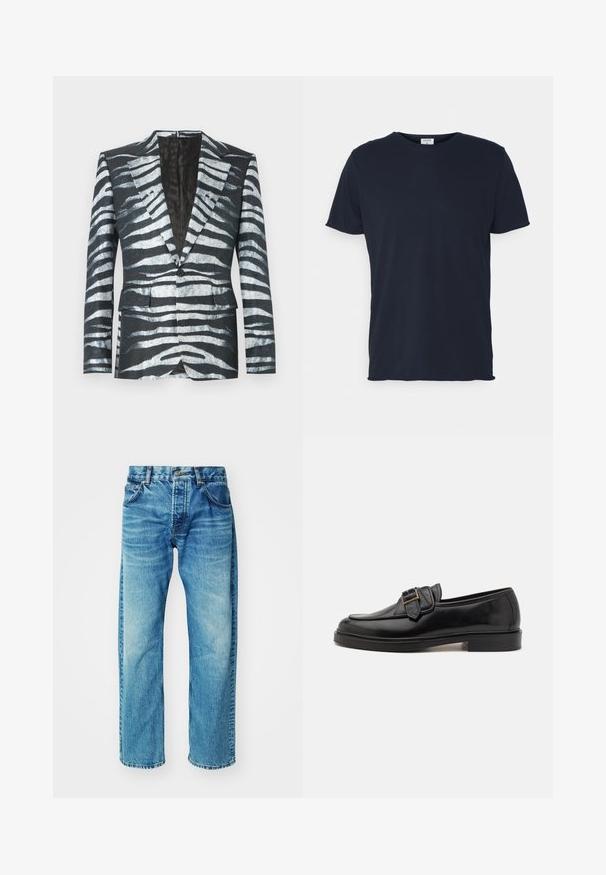 Sort blazer med zebrastribemønster i hvid og grå, enkelt knaplukning, to frontlommer og en kontrasterende inderfor.; Marineblå bomulds t-shirt med rund hals og korte ærmer, med en glat tekstur og enkel design, uden synlige mønstre eller accenter.; Blå denimjeans med en afslappet pasform, der har fem lommer, en knaplukning og en subtil falming med en let, frayed kant.; Sorte læder loafers med rund tå og en dekorativ spændeaccent. Flad, solid hæl og glat tekstur hele vejen igennem.