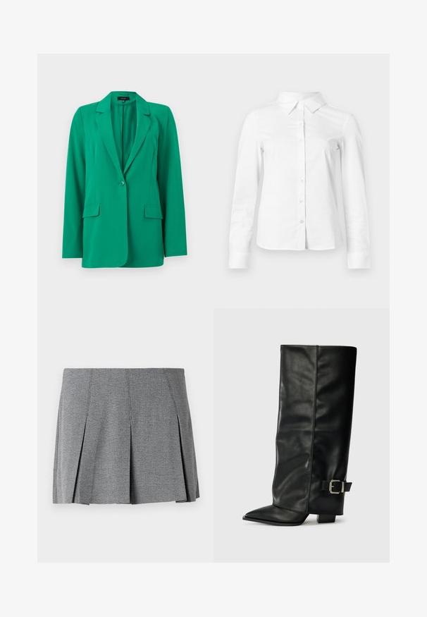 Blazer vert à un bouton avec revers crantés, manches longues et poches à rabat sur le devant, sur fond blanc.; Chemise blanche à manches longues avec boutons, col pointu, ourlet droit et silhouette ajustée, présentée sur un fond clair uni.; Jupe mini plissée grise en tissu texturé, avec un motif à carreaux et une coupe droite agrémentée de fentes sur les côtés.; Bottes noires en cuir longueur cheville avec un bout pointu, texture lisse et une accent en boucle argentée sur le côté. Talon carré épais.