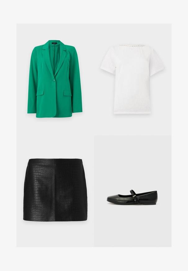 Blazer vert à un bouton avec revers crantés, manches longues et poches à rabat sur le devant, sur fond blanc.; T-shirt blanc à manches courtes avec un col rond orné d'une rangée de perles décoratives le long du col.; Mini jupe en simili cuir noir avec un motif crocodile texturé, présentant une finition lisse et une coupe ajustée sans accessoires visibles.; Ballerines en cuir noir avec un bout arrondi, une semelle plate et une fine sangle ajustable sur le cou-de-pied avec une boucle en métal.