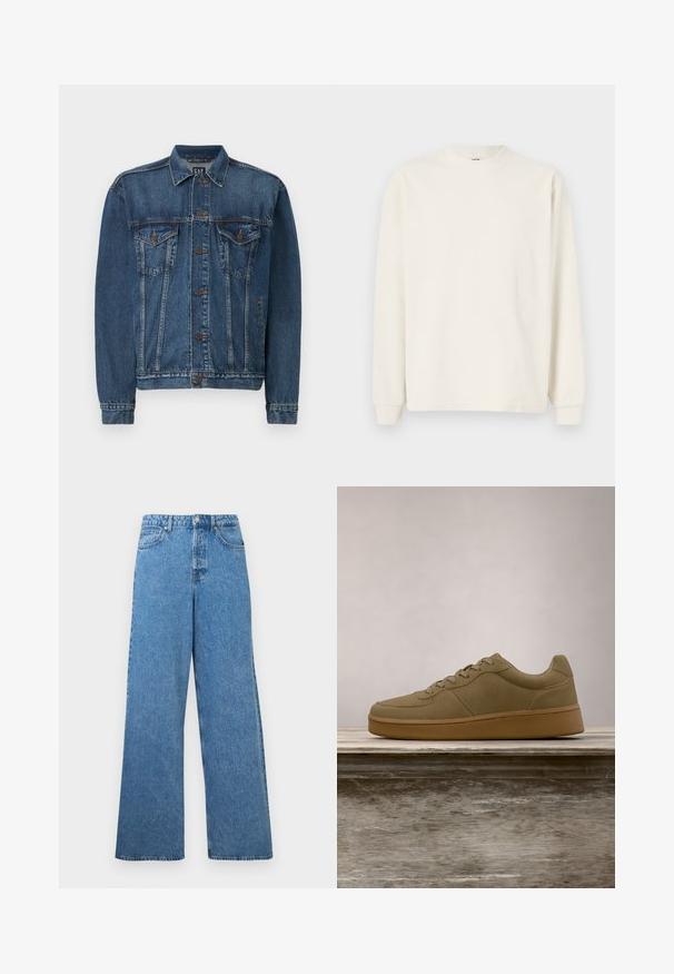 Donkerblauwe denimjack, met een knoopsluiting aan de voorkant, twee borstzakken en gestikte details langs de naden en mouwen. Standaard kraagstijl.; Langermige, ribgebreide top in gebroken wit met een ronde hals en fitted mouwen, met een ontspannen silhouet.; Blauwe denim jeans met een hoge taille, wijde pijpen, knopen aan de voorkant, ritssluiting, riemlussen en voor- en achterzakken.; Olijfgroene sneaker met veters zwevend boven een houten bankje, met vervaagde groene bladeren op de achtergrond.