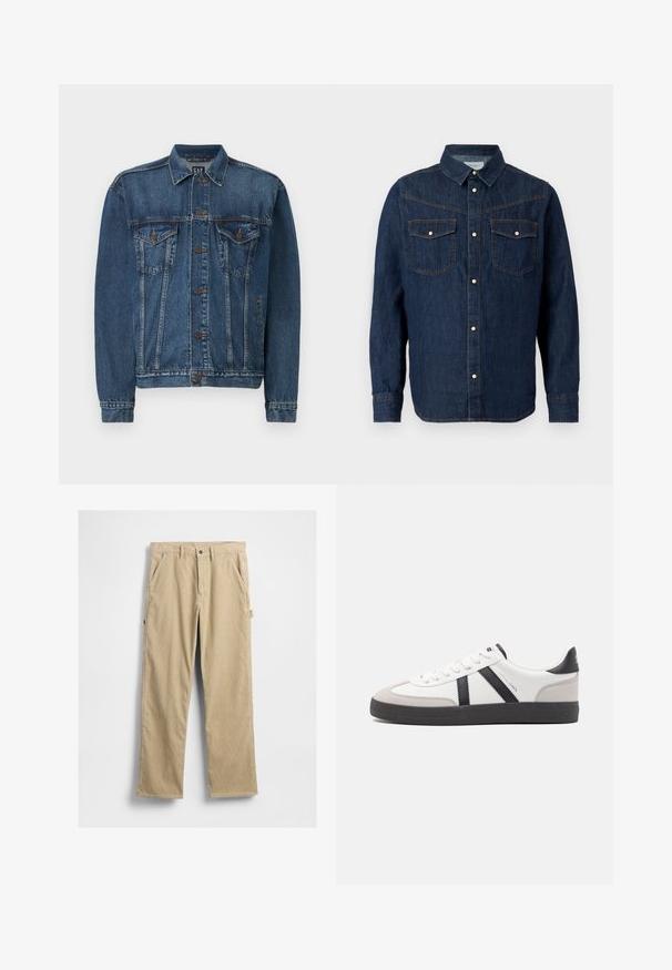 Chaqueta de denim en azul oscuro, con cierre de botones al frente, dos bolsillos en el pecho y costuras decorativas a lo largo de las costuras y los puños. Estilo de cuello estándar.; Camisa de manga larga de mezclilla azul oscuro con cuello puntiagudo, cierre frontal con botones y dos bolsillos en el pecho con solapa y botones a presión.; Pantalones de pana beige con piernas rectas, bolsillos frontales y cierre de botón. Cuenta con un bolsillo lateral y tela texturizada.; Zapatilla blanca con acentos en negro y gris, que presenta una puntera texturizada en gris, suela de goma negra y cordones planos blancos. Diseño limpio, estilo minimalista.