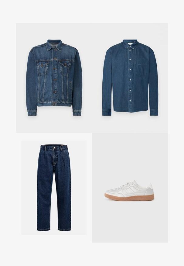 Denimjakke i mørkeblå, med knap-åbning foran, to brystlommer og syede detaljer langs sømme og manchetter. Standard krave.; Mørkeblå denimskjorte med knapper, lange ærmer, en forlommer til venstre og en knaplukket krave, vist på en hvid baggrund.; Mørkeblå denimjeans med lige ben-design. Har synlige syninger, en knaplukning og frontfoldninger for ekstra detalje.; Sølv sneakers med en glat overflade, snørebånd, perforerede detaljer og en struktureret brun gummi sål.