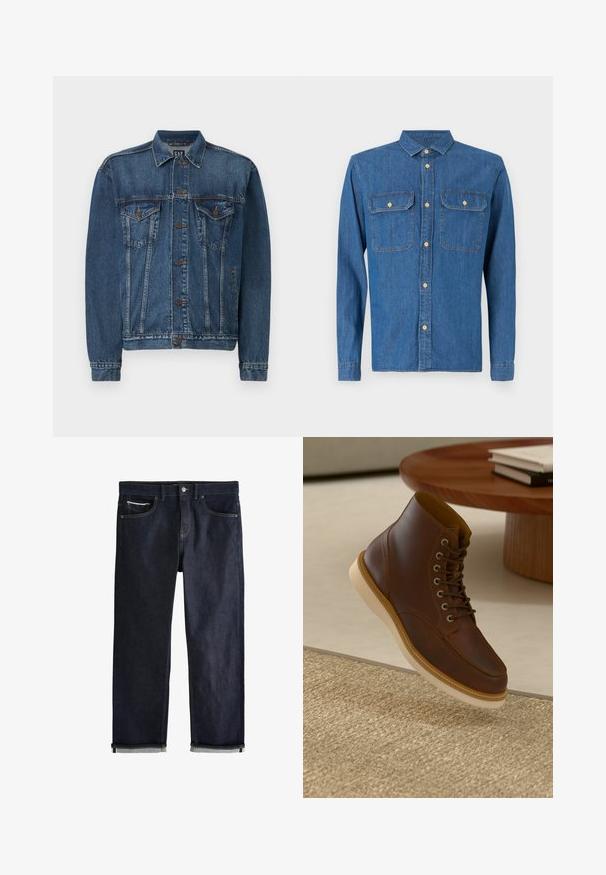 Chaqueta de denim en azul oscuro, con cierre de botones al frente, dos bolsillos en el pecho y costuras decorativas a lo largo de las costuras y los puños. Estilo de cuello estándar.; Camisa de mezclilla en azul oscuro, de manga larga con puños abotonados, cuello puntiagudo, dos bolsillos en el pecho y cierre frontal con botones de herrajes dorados.; Vaqueros de mezclilla azul oscuro con puños doblados, cierre de botón y cremallera, bolsillos delanteros y para monedas, y costuras en contraste sobre un fondo blanco.; Botín de cuero marrón con suela beige sobre una alfombra beige texturizada al lado de una mesa redonda de madera con libros apilados.