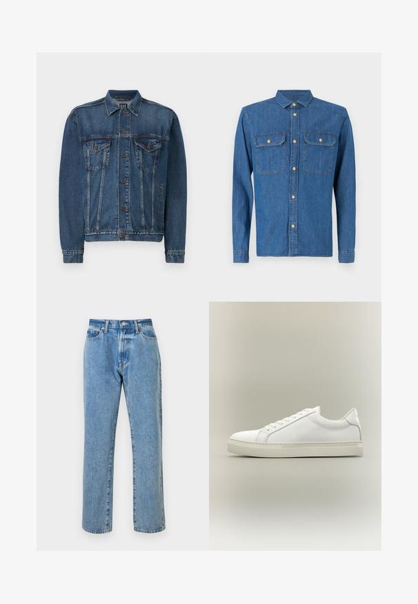 Veste en denim bleu foncé, avec une fermeture à boutons sur le devant, deux poches poitrine et des coutures décoratives le long des coutures et des poignets. Style de col standard.; Chemise en denim bleu foncé, à manches longues avec des poignets à boutons, col pointu, deux poches poitrine et fermeture à boutons à l'avant avec quincaillerie dorée.; Jeans en denim bleu clair avec une coupe droite, comprenant cinq poches, une fermeture éclair et des accents en métal cuivré. Détails usés tout au long.; Baskets blanches basses à lacets sur l’avant et semelle épaisse, vues de côté sur un fond neutre.