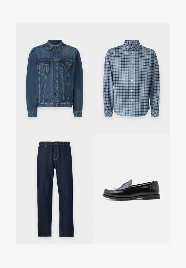 Veste en denim bleu foncé, avec une fermeture à boutons sur le devant, deux poches poitrine et des coutures décoratives le long des coutures et des poignets. Style de col standard.; Chemise boutonnée en coton tissé, motif tartan bleu et noir, à manches longues, avec col, boutons blancs et poignets ajustables.; Jeans en denim bleu foncé avec une coupe droite, dotés de coutures jaunes contrastantes et d'un agencement classique à cinq poches.; Mocassins en cuir noir avec une finition brillante, présentant un motif cousu sur l'avant-pied et une semelle en caoutchouc noire texturée et basse.