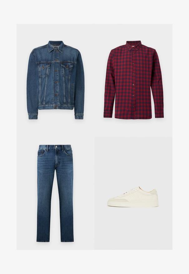 Veste en denim bleu foncé, avec une fermeture à boutons sur le devant, deux poches poitrine et des coutures décoratives le long des coutures et des poignets. Style de col standard.; Chemise à manches longues à carreaux rouge et bleu marine, avec col boutonné et poche poitrine.; Jean en denim bleu foncé à coupe droite avec fermeture à bouton et fermeture éclair à l'avant, poches avant et arrière, présenté sur fond blanc.; Baskets en daim blanc à finition lisse, embout rond, design lacé plat, avec des accents texturés contrastants. Comprend un détail de logo subtil.