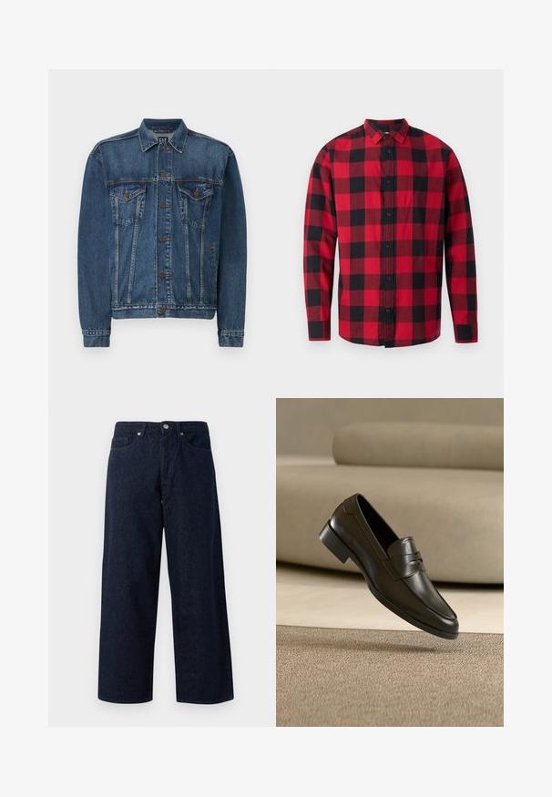 Denimjakke i mørkeblå, med knap-åbning foran, to brystlommer og syede detaljer langs sømme og manchetter. Standard krave.; Rødmønstret flannel-skjorte i sort og rød med knaplukning foran, lange ærmer og krave. Har et klassisk ternet mønster.; Mørkeblå denim brede jeans med knaplukning, forlommer og subtil tekstur, med lige kanter og en afslappet pasform.; Sort lædersko med slip-on design, svævende over beige tæppe med beige sofa i baggrunden, der fremhæver klassisk herrestil.