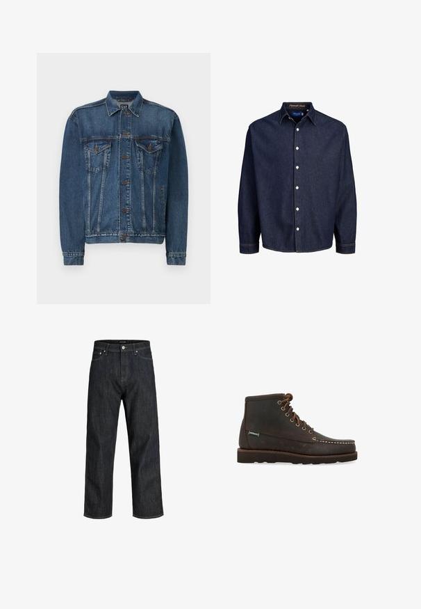 Veste en denim bleu foncé, avec une fermeture à boutons sur le devant, deux poches poitrine et des coutures décoratives le long des coutures et des poignets. Style de col standard.; Chemise en denim bleu foncé avec un devant boutonné, des manches longues et un col classique, dotée de boutons blancs et de coutures contrastantes.; Jean en denim foncé avec une coupe droite, doté d'une fermeture à boutons et de coutures minimales. Le tissu présente une apparence lisse et texturée.; Sebago Bottines à lacets - marrone