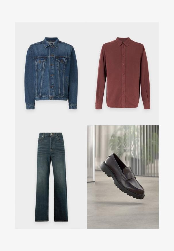 Denimjakke i mørkeblå, med knap-åbning foran, to brystlommer og syede detaljer langs sømme og manchetter. Standard krave.; Langærmet skjorte med knapper i dæmpet burgundy med klassisk krave og enkelt knapmanchet, vist på hvid baggrund.; Denim jeans i en mørkeblå vask, med lige ben, et klassisk fem-lomme design og subtile whiskers ved hofterne.; Brun lædersko uden snørebånd med rundet tå og solid sort gummisål. Har en dekorativ rem hen over vristen.
