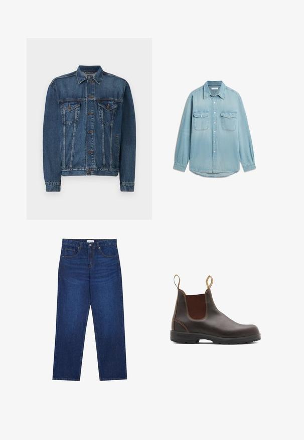 Chaqueta de denim en azul oscuro, con cierre de botones al frente, dos bolsillos en el pecho y costuras decorativas a lo largo de las costuras y los puños. Estilo de cuello estándar.; Camisa vaquera azul claro de manga larga con dos bolsillos de solapa en el pecho, delantero con botones y cuello puntiagudo.; Vaqueros de mezclilla en azul oscuro con un diseño de pierna recta, que cuentan con un cierre de botón y cremallera, cinco bolsillos y detalles de costura visibles.; Botas Chelsea de cuero marrón con paneles laterales elásticos y tiradores. Parte superior texturizada, suela de goma duradera y detalle de costura en contraste.