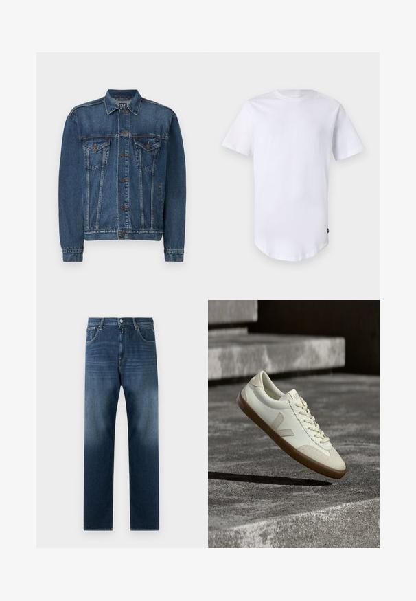 Dunkelblaue Jeansjacke mit Knopfverschluss, zwei Brusttaschen und genähten Details an Nähten und Bündchen. Klassischer Kragenstil.; Weißes T-Shirt mit kurzen Ärmeln aus Baumwolle. Rundhalsausschnitt mit abgerundetem Saum. Etikett auf der unteren linken Seite sichtbar. Glatte Textur.; Dunkelblaue Denim-Jeans mit geradem Bein-Design. Zu den Merkmalen gehören Fronttaschen, ein Reißverschluss und ein subtiler Verblassen in Richtung Saum.; Weiße Leder-Sneaker mit beige-gummiartiger Sohle, flachen Schnürsenkeln und V-förmigem Akzent an der Seite. Verfügt über eine glatte Oberfläche und minimale Nahtdetails.