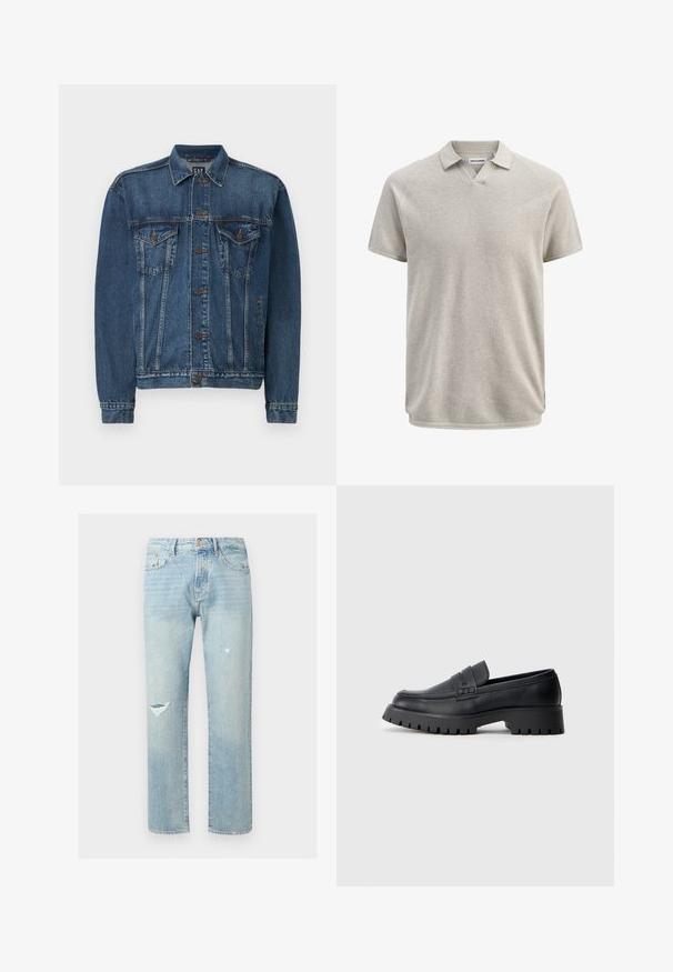 Veste en denim bleu foncé, avec une fermeture à boutons sur le devant, deux poches poitrine et des coutures décoratives le long des coutures et des poignets. Style de col standard.; Polo beige texturé à manches courtes avec col et légère ouverture en V, portant l'étiquette Jack & Jones.; Jean en denim bleu clair, coupe droite, taille haute, avec fermeture par bouton et zip, poches avant et arrière, et détails usés sur la jambe gauche.; Mocassins en cuir noir avec un bout arrondi, présentant une sangle décorative et une semelle en caoutchouc épaisse avec de profonds crampons pour une meilleure adhérence.