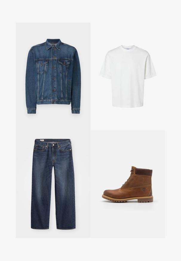 Veste en denim bleu foncé, avec une fermeture à boutons sur le devant, deux poches poitrine et des coutures décoratives le long des coutures et des poignets. Style de col standard.; T-shirt blanc uni à manches courtes, col rond et coupe décontractée, présenté sur un fond blanc.; Jean en denim bleu foncé avec une coupe droite, design à cinq poches, bouton en métal et fermeture éclair, et motifs de décoloration légère.; Botte de randonnée en cuir marron avec une finition lisse, cheville rembourrée, œillets en métal et semelle en caoutchouc dotée d'un motif de crampons robuste.