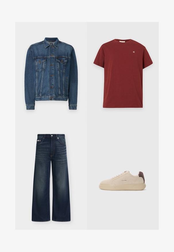 Chaqueta de denim en azul oscuro, con cierre de botones al frente, dos bolsillos en el pecho y costuras decorativas a lo largo de las costuras y los puños. Estilo de cuello estándar.; Camiseta de algodón burdeos con mangas cortas, cuello redondo y pequeño logotipo bordado en el lado izquierdo del pecho. Textura suave.; Vaqueros vaqueros azul oscuro de pierna ancha con bolsillos delanteros, trabillas para cinturón, cierre de botones y un sutil desgaste en muslos y rodillas.; Zapatilla de ante beige con punta redondeada, cordones en la parte frontal y un acento de ante marrón en el talón. Cuenta con una suela de goma texturizada.