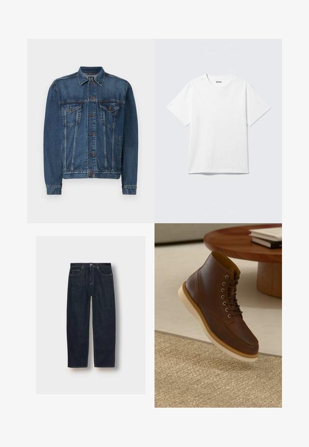Donkerblauwe denimjack, met een knoopsluiting aan de voorkant, twee borstzakken en gestikte details langs de naden en mouwen. Standaard kraagstijl.; Witte T-shirt met korte mouwen en ronde hals, plat gelegd, effen ontwerp, met een "WEEKDAY" label in de kraag op een lichte achtergrond.; Donkerblauwe denim jeans met een losse pasvorm, vijf zakken en contrasterende stiksel. Voorzien van een knoop- en ritssluiting. Gladde textuur.; Bruine leren enkelboot met beige zool op een gestructureerd beige vloerkleed naast een ronde houten tafel met opgestapelde boeken.