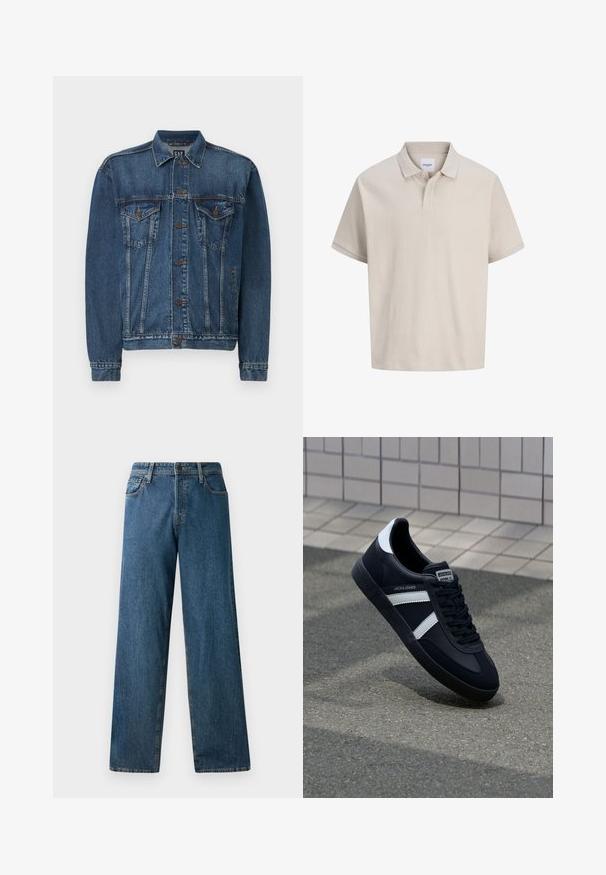 Veste en denim bleu foncé, avec une fermeture à boutons sur le devant, deux poches poitrine et des coutures décoratives le long des coutures et des poignets. Style de col standard.; Polo beige à manches courtes avec de fines rayures verticales, un col classique et une patte à deux boutons.; Jean en denim bleu foncé avec une coupe décontractée, jambes droites, cinq poches et coutures contrastées. Comprend une fermeture à boutons et à zip sur le devant.; Sneaker en cuir noir avec des rayures blanches, semelle en caoutchouc texturée et devant à lacets. Présente une étiquette de marque sur la languette.