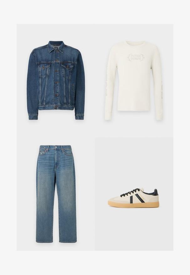 Dunkelblaue Jeansjacke mit Knopfverschluss, zwei Brusttaschen und genähten Details an Nähten und Bündchen. Klassischer Kragenstil.; Langärmeliges, cremefarbenes, geripptes T-Shirt mit der Stickerei "DODGE DEMON" auf der Vorderseite und Grafiken auf dem rechten Ärmel. Weiche Textur.; Blaue gerade geschnittene Denim-Jeans mit verwaschenem Look, fünf Taschen-Design und Knopfverschluss an der Taille.; Legere Sneaker in Creme mit schwarzen Streifen, mit einer strukturierten Oberseite und einer Sohle aus Gummi. Die Schnürsenkel sind schwarz. Diskretes Logo an der Seite.