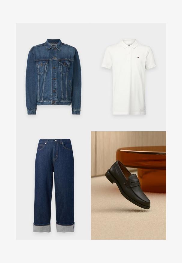 Chaqueta de denim en azul oscuro, con cierre de botones al frente, dos bolsillos en el pecho y costuras decorativas a lo largo de las costuras y los puños. Estilo de cuello estándar.; Camiseta polo blanca de algodón que presenta un cuello clásico, mangas cortas y un pequeño logo bordado en el pecho con acentos en rojo, blanco y azul.; Pantalones vaqueros de pierna ancha en azul oscuro con dobladillos enrollados, botón delantero y costuras de contraste sobre un fondo blanco liso.; Mocasín de hombre de cuero negro con una banda en la parte superior, exhibido sobre una alfombra beige cerca de una mesa circular moderna marrón.