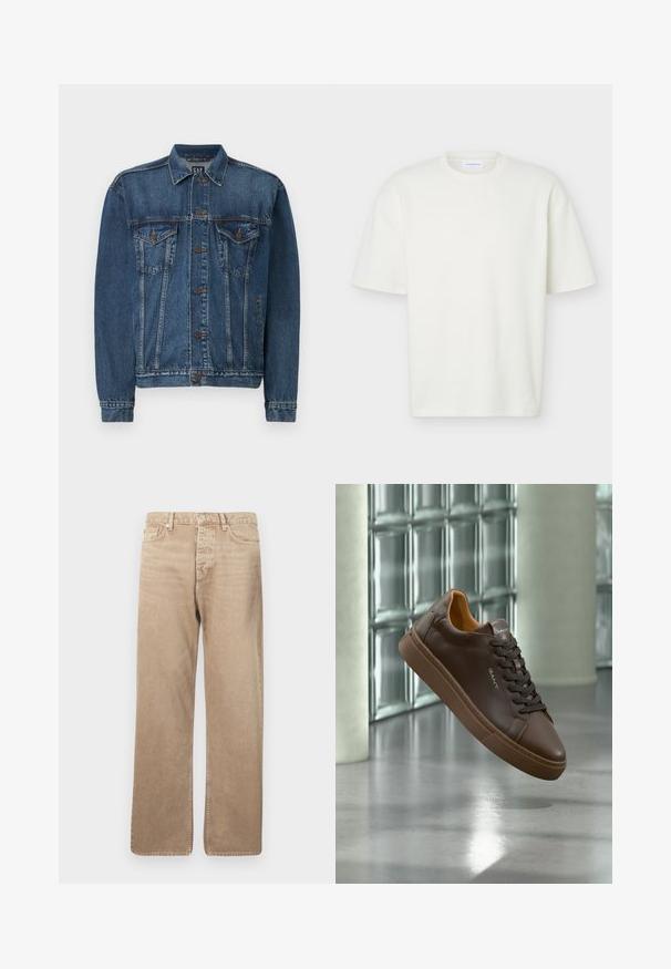 Donkerblauwe denimjack, met een knoopsluiting aan de voorkant, twee borstzakken en gestikte details langs de naden en mouwen. Standaard kraagstijl.; Witte textuur korte mouw T-shirt met ronde hals, reguliere pasvorm en een klein merklabel aan de binnenkant van de kraag.; Beige denim jeans met een rechte pasvorm, voorzien van vijf zakken, een knoopsluiting en contrasterende stiksels. Veneuze textuur en minimale slijtage.; Bruine leren GANT sneaker met veters, zwevend boven een reflecterende grijze vloer, glazen blokmuur en betonnen pilaar op de achtergrond.