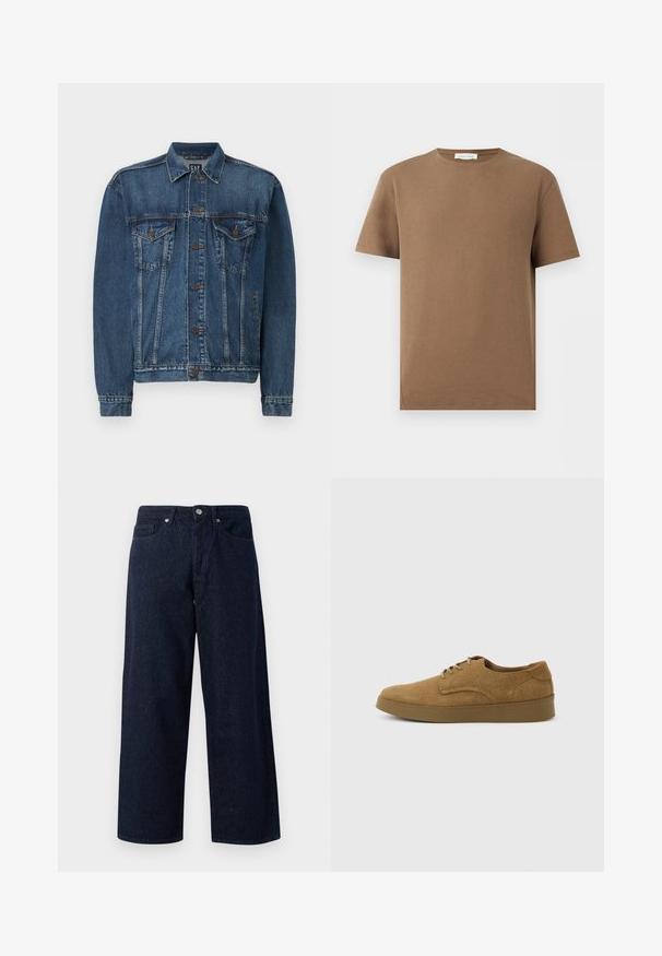 Chaqueta de denim en azul oscuro, con cierre de botones al frente, dos bolsillos en el pecho y costuras decorativas a lo largo de las costuras y los puños. Estilo de cuello estándar.; Camiseta marrón de manga corta y cuello redondo con tejido texturizado y etiqueta "Pier One" en el interior del cuello, mostrada sobre un fondo blanco.; Jeans de mezclilla anchos de color azul oscuro con cierre de botón, bolsillos delanteros y una sutil textura, con dobladillos rectos y un ajuste relajado.; Zapato casual marrón de ante con cordones y suela de goma plana, visto de lado sobre un fondo claro y liso.