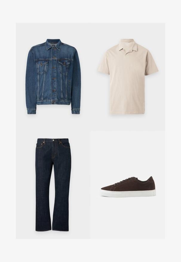 Denimjakke i mørkeblå, med knap-åbning foran, to brystlommer og syede detaljer langs sømme og manchetter. Standard krave.; Beige kortærmet polo-shirt med krave og en delvist åben halsudskæring, vist på en ensartet lys baggrund.; Mørkeblå straight-leg cowboybukser med forlommer, kobbernitter og knaplukning.; Mørkebrune ruskind lave sneakers med matchende snørebånd og tyk hvid gummisål, vist fra siden på en ensfarvet baggrund.