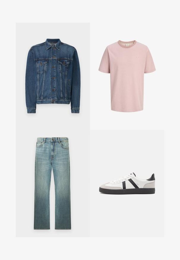 Donkerblauwe denimjack, met een knoopsluiting aan de voorkant, twee borstzakken en gestikte details langs de naden en mouwen. Standaard kraagstijl.; Lichtroze T-shirt met korte mouwen en ronde hals, met een klein wit logo op de linkerborst en een eenvoudig, effen ontwerp.; Lichtblauwe rechte spijkerbroek met klassiek ontwerp van vijf zakken en knoopsluiting, weergegeven op een effen witte achtergrond.; Witte sneaker met zwarte en grijze accenten, voorzien van een grijze neus met textuur, zwarte rubberen zool en platte witte veters. Schoon ontwerp, minimalistische stijl.