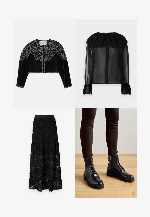 Schwarze, kurz geschnittene Samtjacke mit aufwändiger, bestickter Blumenstickerei und einer kettenähnlichen Verzierung entlang des Ausschnitts und Saums. Lange Ärmel.; Schwarze durchsichtige Bluse mit gerafftem Halsausschnitt, Knopfleiste vorne, langen Ärmeln und gesammelten Manschetten. Leichter Stoff mit weicher Textur.; Maje JOSINO - Maxirock - noir; Schwarze LederStiefeletten mit Brogue-Details, Schnürung, seitlichen Reißverschlüssen und strukturierten Gummi-Sohlen. Kombiniert mit dunklen Slim-Fit-Hosen.